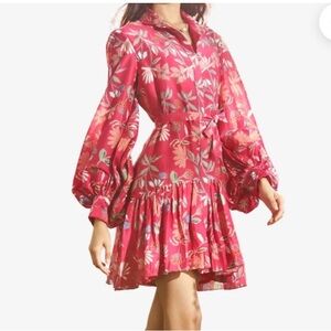 Ridhi Mehra Polly Fuchsia Floral Chanderi Button Down Boho Spring Mini Dress M